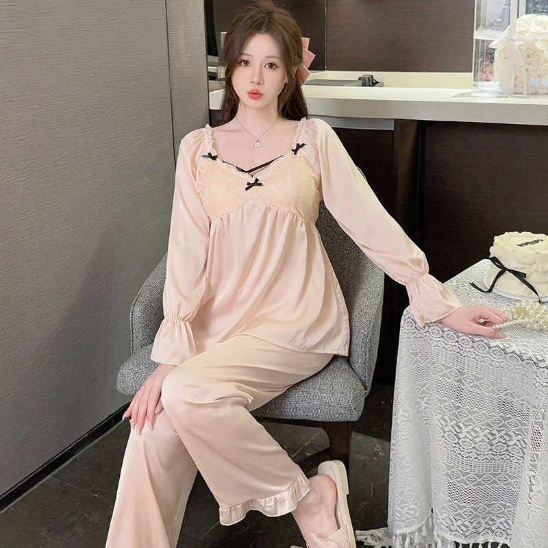 New SpringSummer High-End Womens Long-Sleeve Pajama Set With Chest Pads And Long Pants