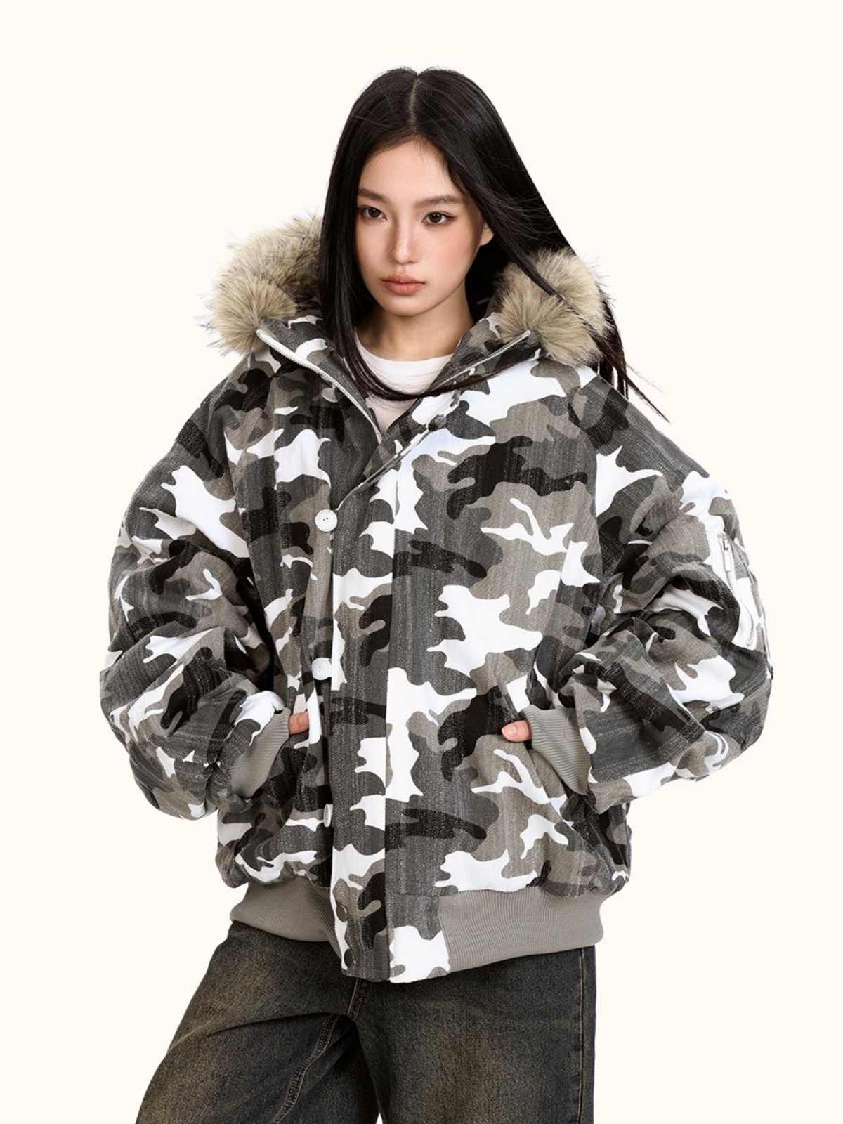 Løs Retro Camouflage Splejsning Pels Krave Bomuldsforet Jakke