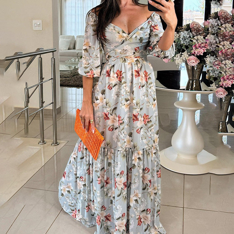 Elegant And Fashionable Womens Printed 34-sleeve V-neck Dress