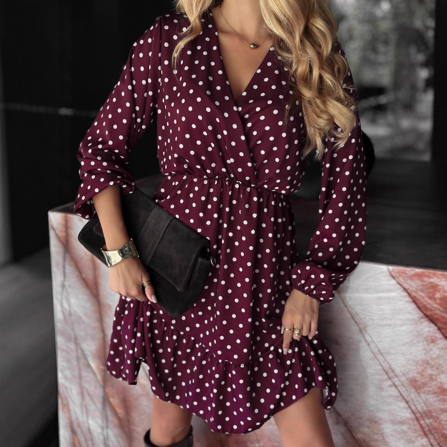 Womens Fashion Polka-Dot V-Neck Long-Sleeve Elastic-Waist Dress
