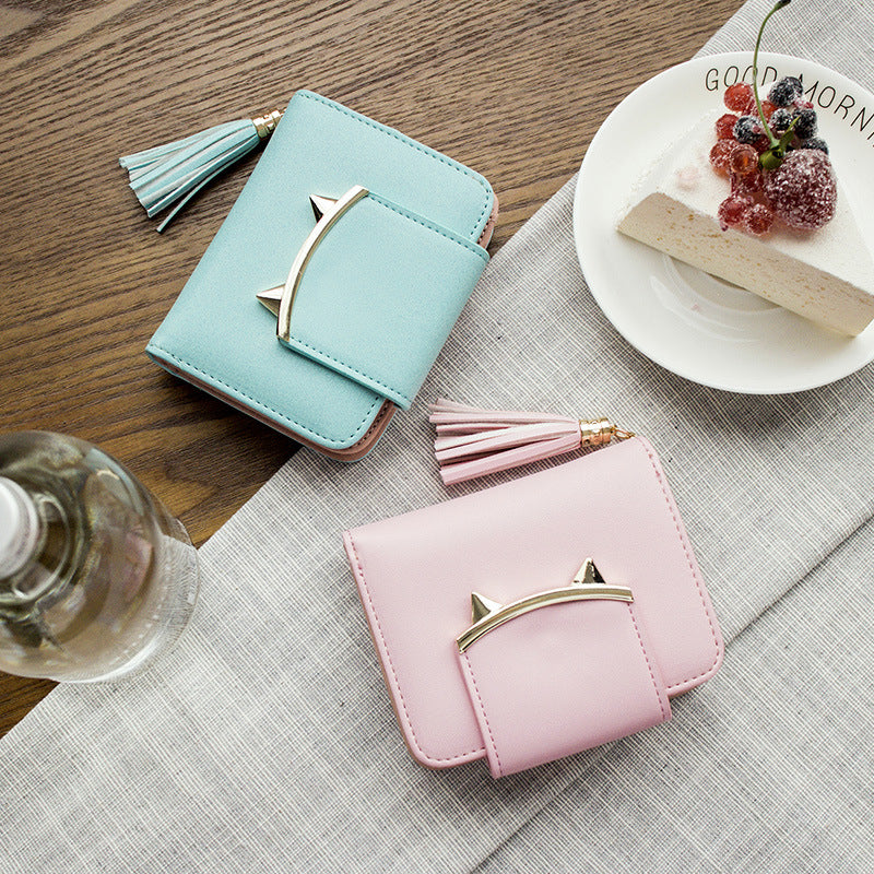 Cute Cat Ears Leather Short Tassel Women Wallet Small Day Clutch Trifold Female Purse ID Coin Card Holder Mini Bag