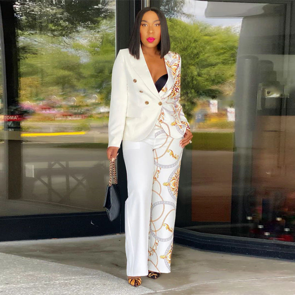 Chic Two-piece Suit Featuring A Peter Pan Collar Long Sleeves And A Printed Design