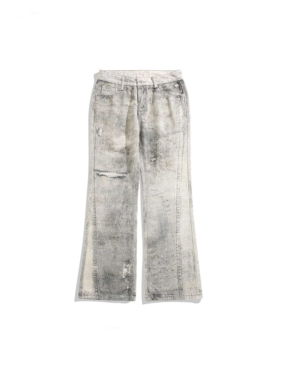 Tie-dyed Waste Soil Worn Jeans Holes Slightly Pull Mop Pants