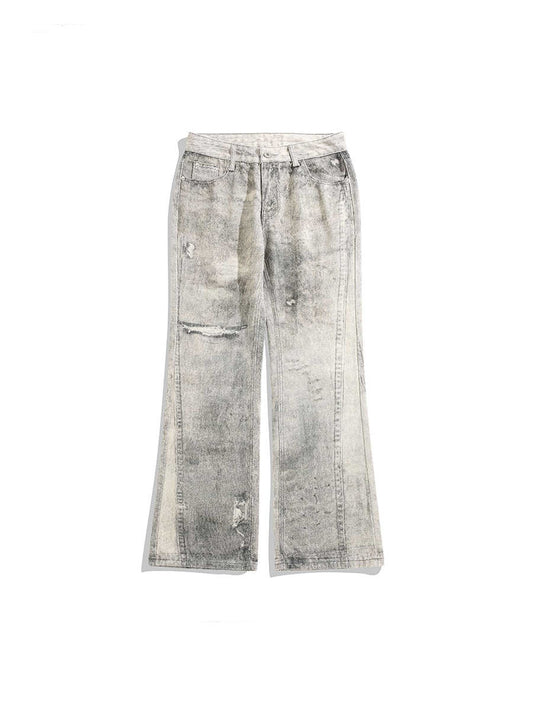Tie-dyed Waste Soil Worn Jeans Holes Slightly Pull Mop Pants
