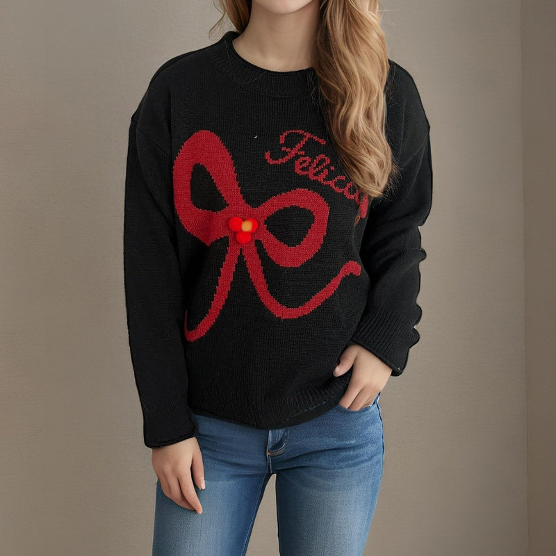 Autumn New Contrast Color Women's Sweater Round Neck