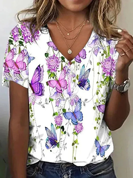 Women's Cotton Short-sleeved T-shirt V-neck Floral Print