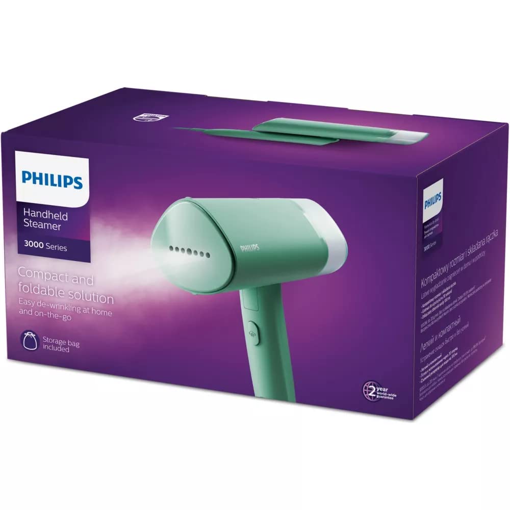 Philips 3000 Series handhållen steamer - 1000W, 20 g/min ånga, Löstagbar 100 ml vattenbehållare, Plastplatta, Grön (STH3010/70)
