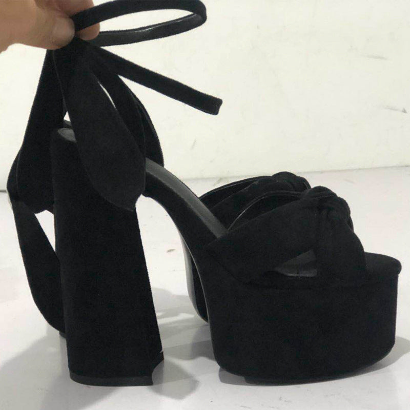 Sommer Peep Toe Plateau Tyk Hæl Sløjfe Snøre Stilethæle