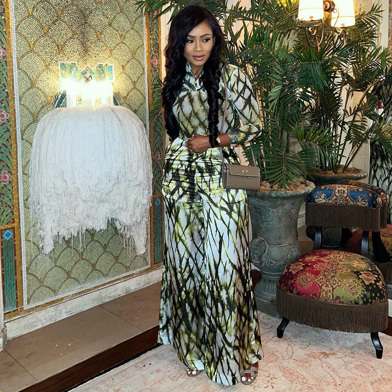 Fitted-waist Pleated Maxi Dress With Long Sleeves Women's Two-piece Set