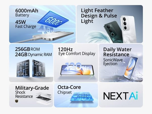 realme C71 5G smartphone, 6 + 128 GB, 6 000 mAh batteri, 45 W laddning, Octa-Core chipset, 50 MP AI-kamera, 24 GB dynamiskt RAM, 120 Hz skärm, grad stötdämpning, daglig vattenbeständighet, vit svan