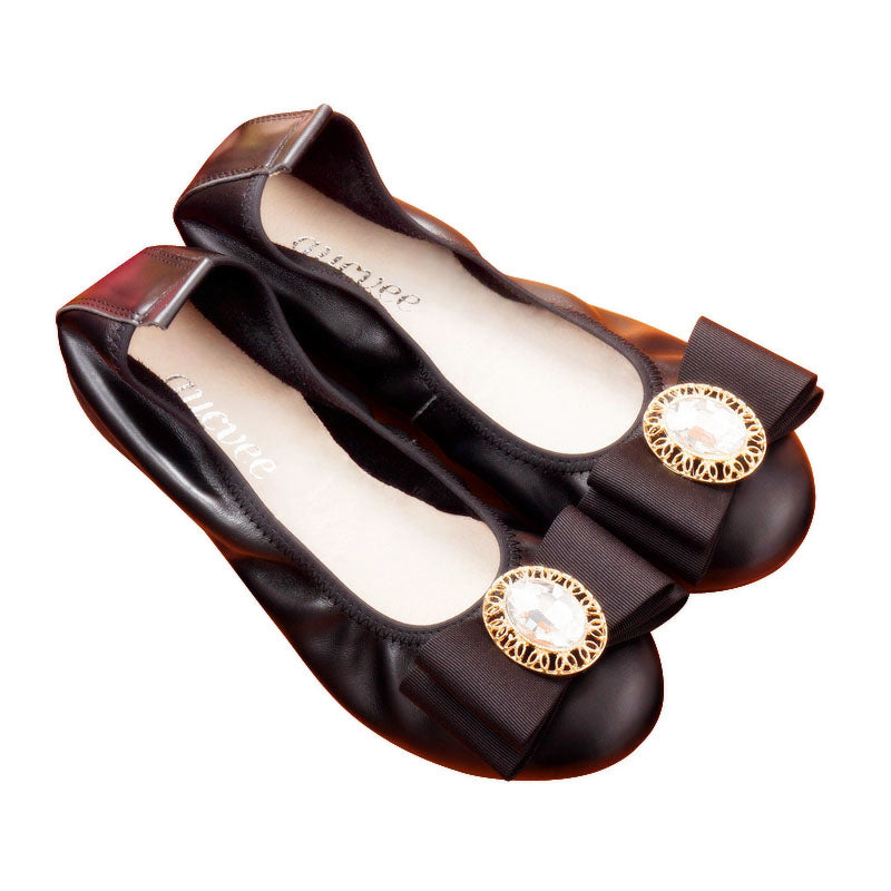 Women's Leather Rhinestone Bow Shallow Roll Shoes