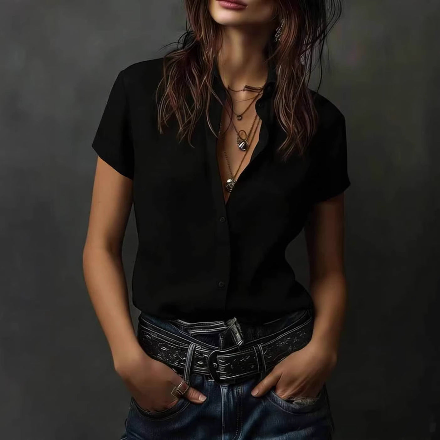 Casual Short-Sleeve Button-Up Womens Shirt