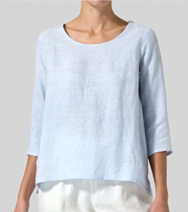 Cotton And Linen Plus Size Women's Clothing 34 Sleeve Casual Loose-fitting T-shirt