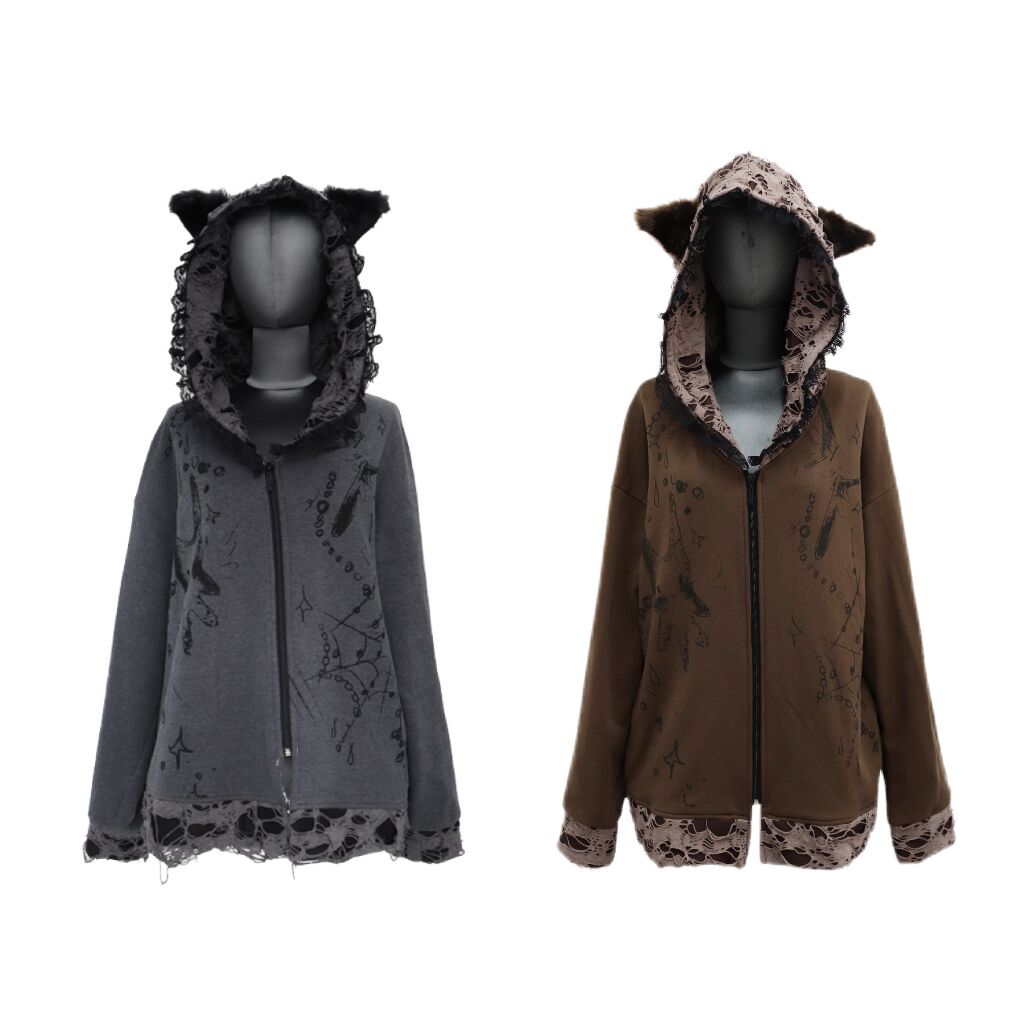 Dark Subculture Hooded Zip Ripped Sweatshirt Jacket