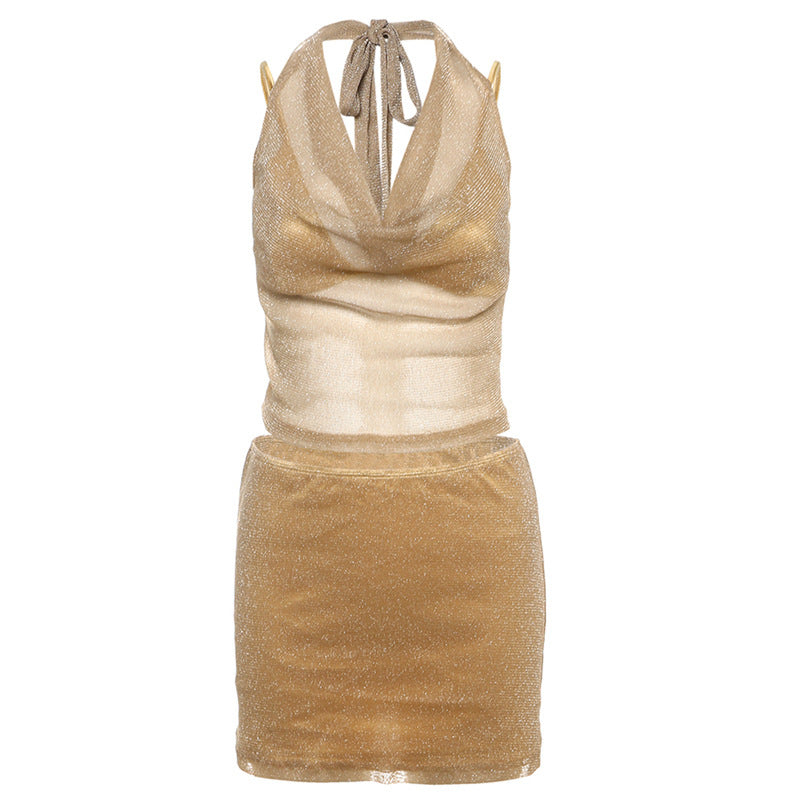 Womens Sexy Solid-Color Shiny Silk Halter Top And Bodycon Short Skirt Three-Piece Set For Layering