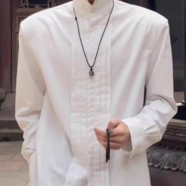 Mens New Chinese-Style Stand Collar White Shirt With A Sophisticated High-End National Style