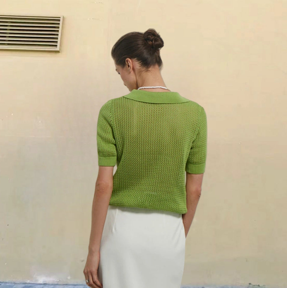 European And American Short Sleeve Lapel Hollow See-through Knitwear Solid Color And V-neck