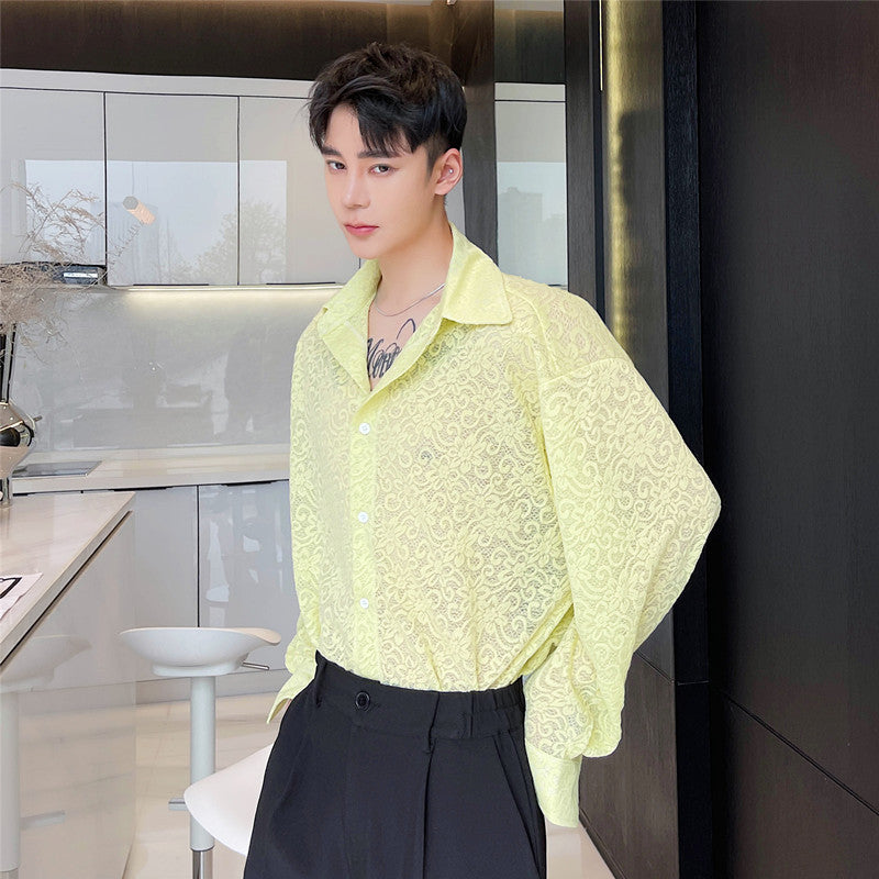 Men Transparent Embroidered Flowers Long-sleeved Shirt Sunscreen Tide