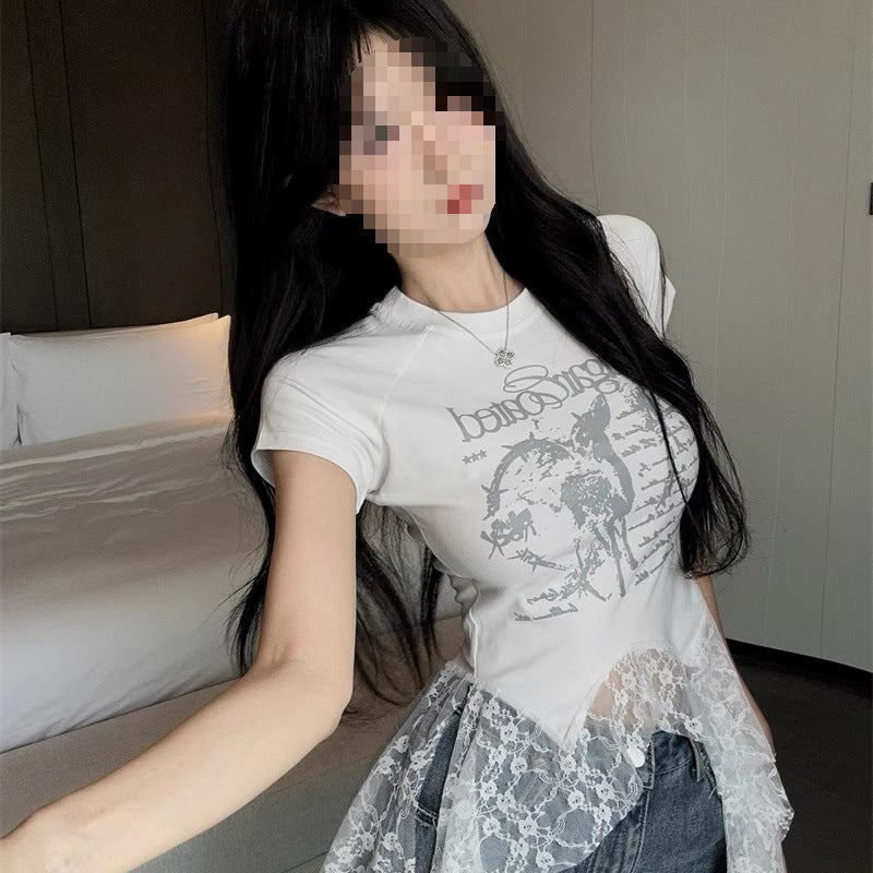 Lace-Panel American Chic Short-Sleeve Womens T-Shirt