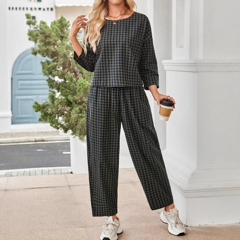 Loose And Breathable Grid Long-sleeve Vest And Pants Set
