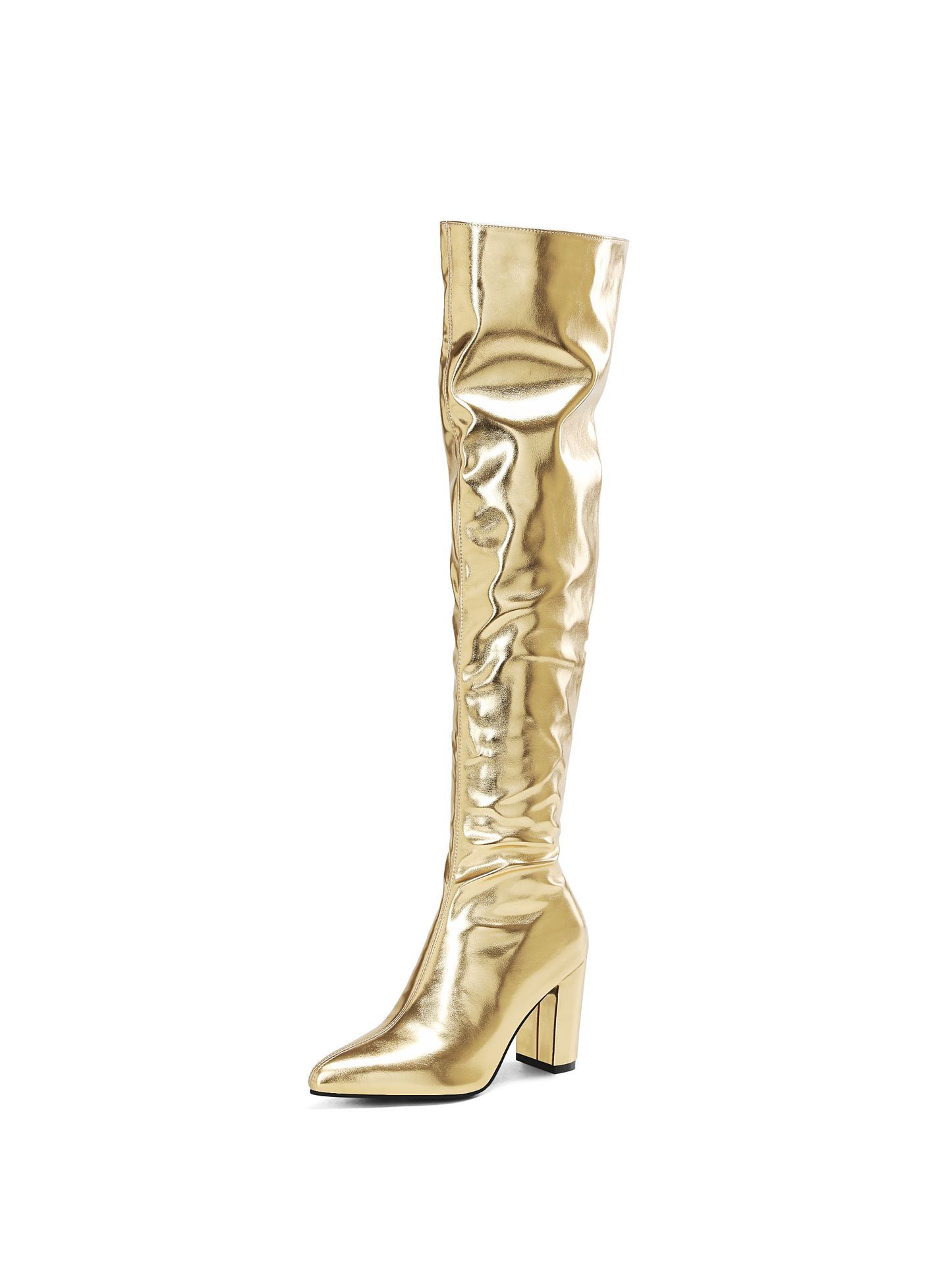 Shiny Gold Patent Leather Chunky-heeled Over-the-knee Boots