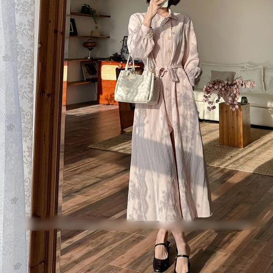 Stand Up Collar Lapel Long Sleeve Belted Loose Fitting Dress