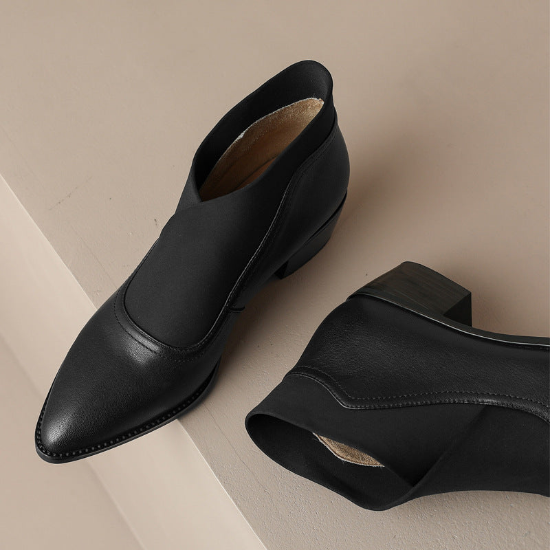 Retro Pointed Toe Chunky Heel Booties