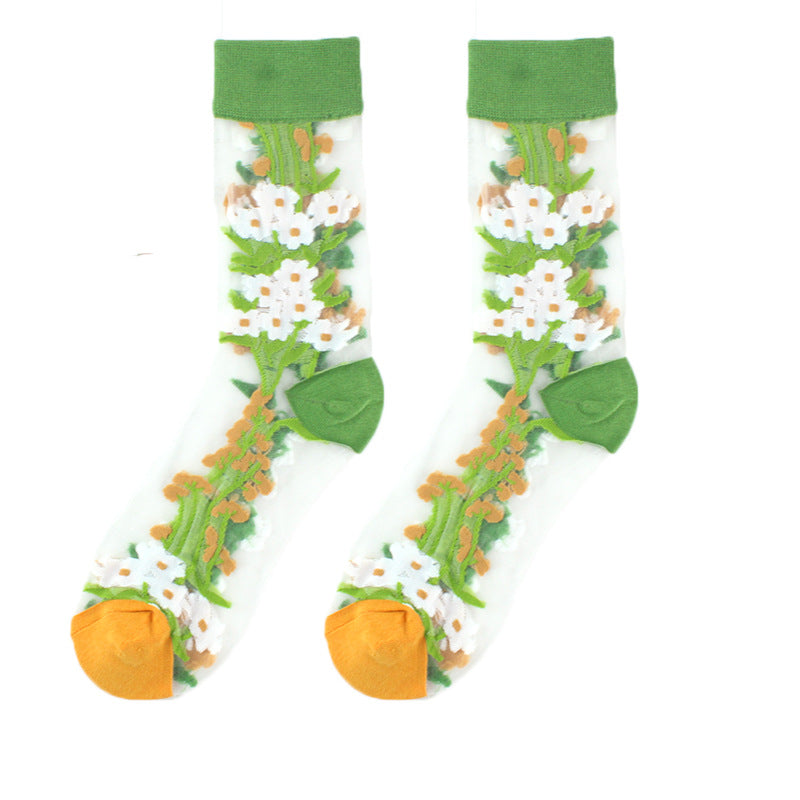 Thin Mid Tube Fashion Style Flower Forest Glass Stockings