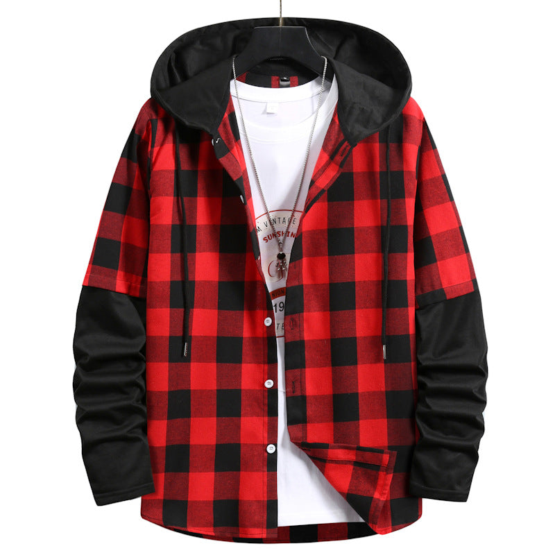 Men's Fashionable Plaid Patchwork Hooded Casual Shirt