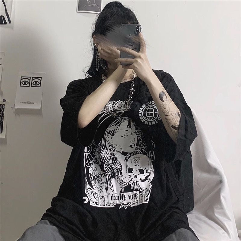 Fashion Brand Dark Printing Loose Crew Neck Top