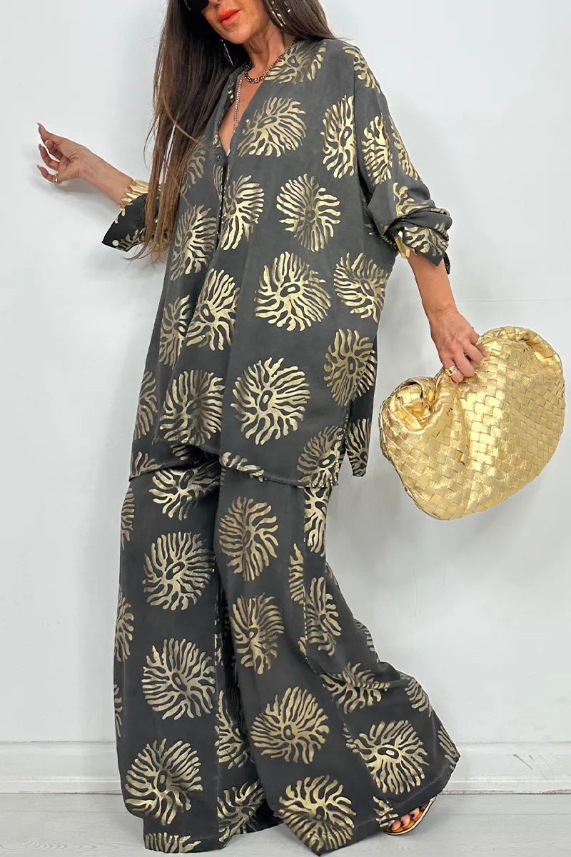 Women's Lapel Print Loose Casual Long Sleeve Set