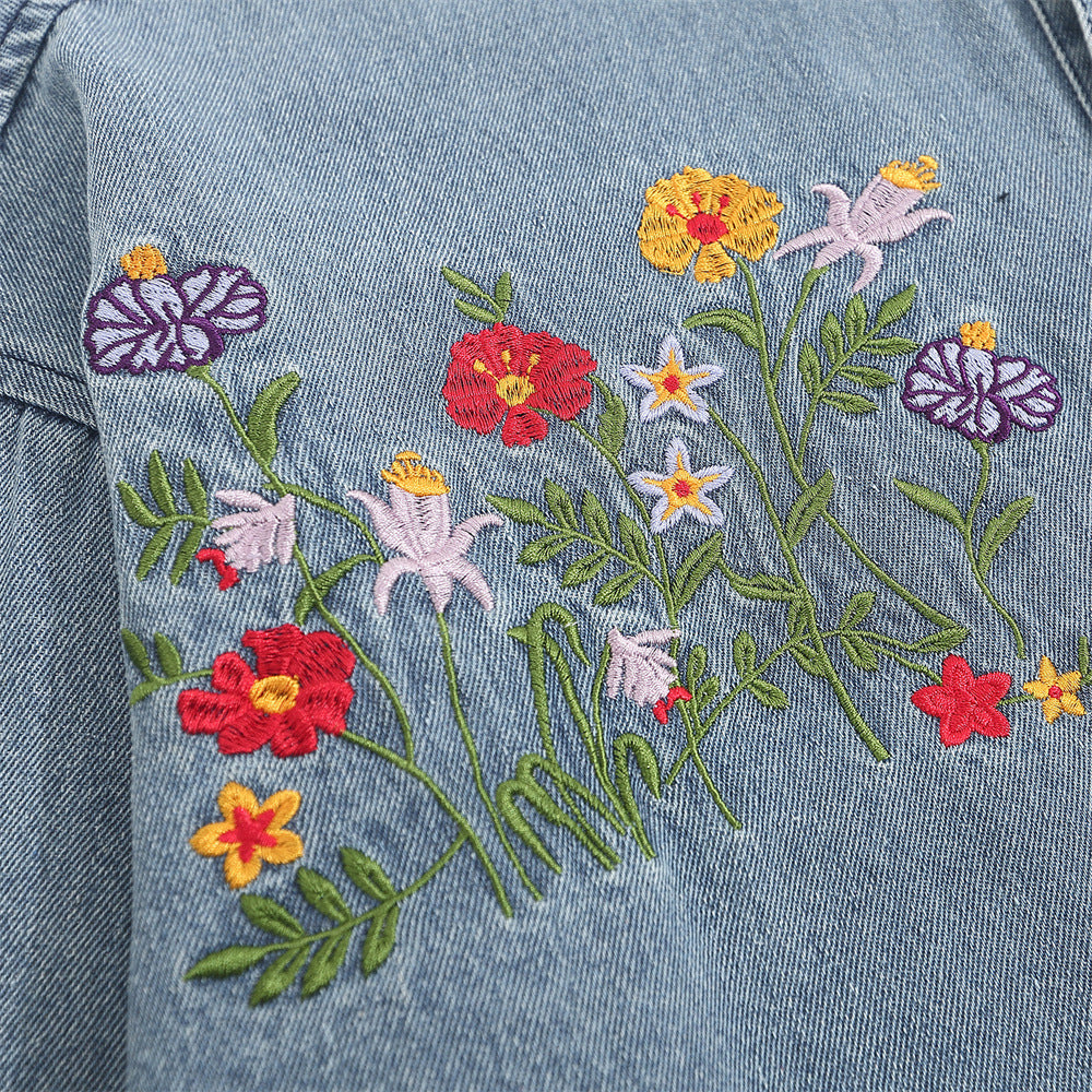 Spring And Autumn Floral Embroidery Washed Faded Loose Shirt Coat