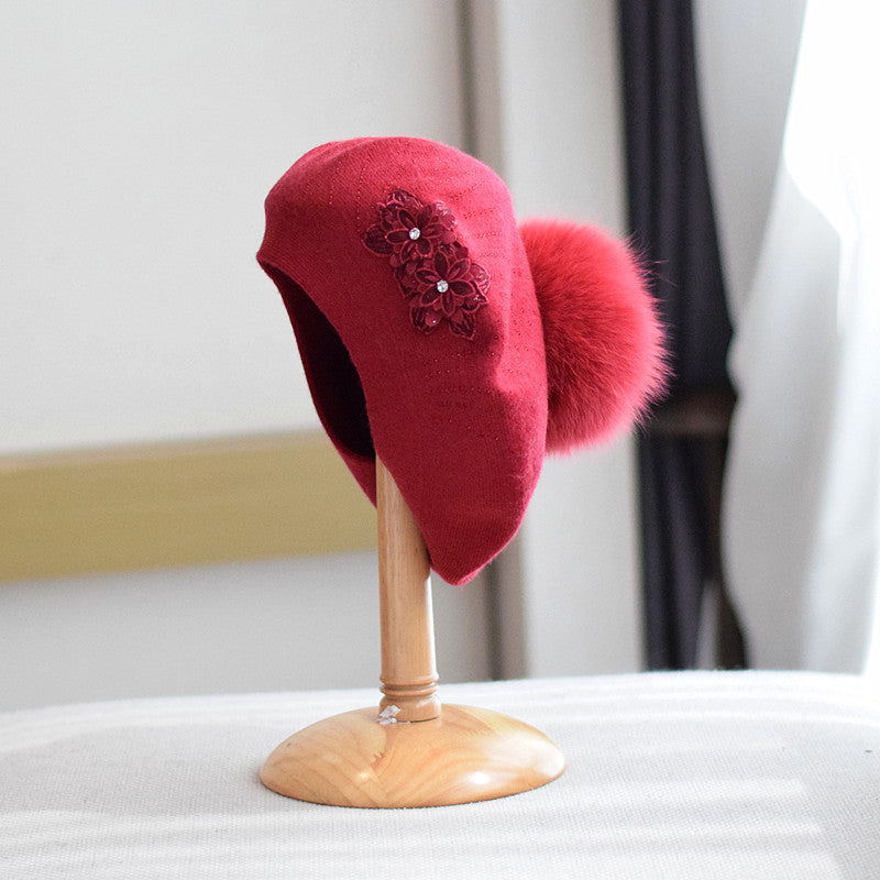New Wool Double-layer Rhinestone Flower Knitted Beret Women's