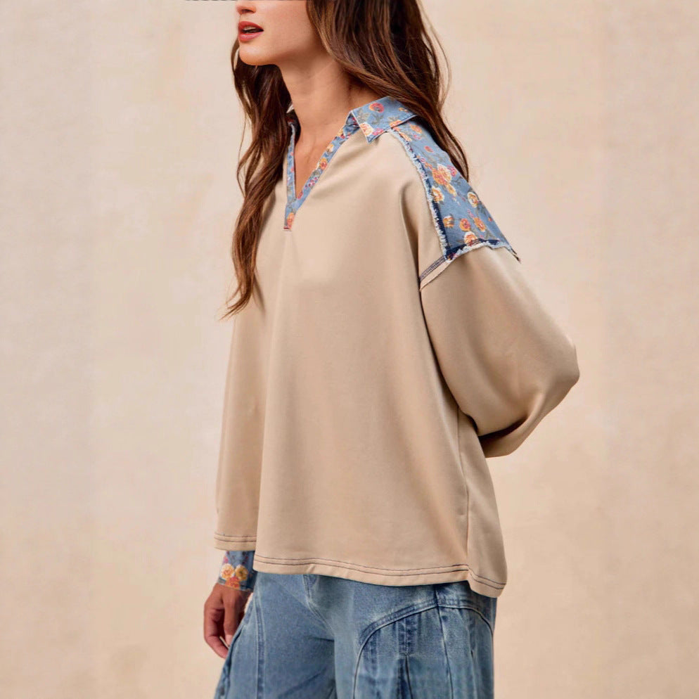 French Casual Loose Lapel Patchwork Fabric Women's Hoodie