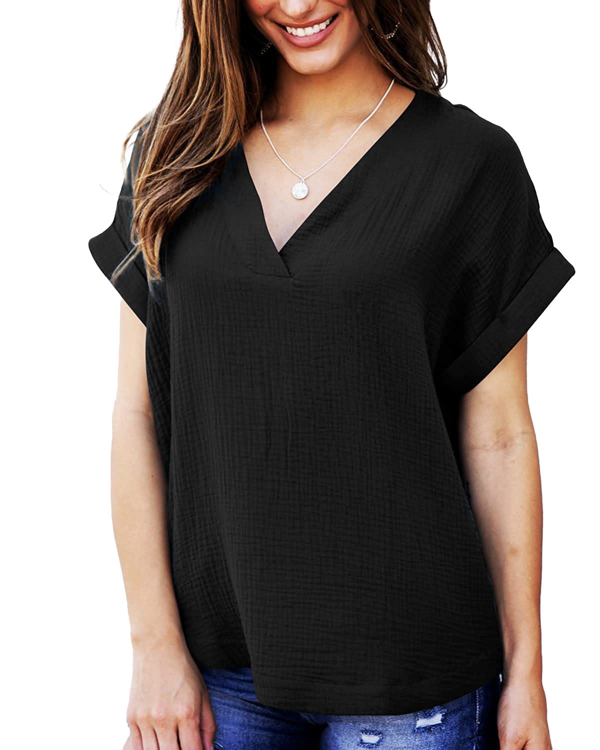 Short Sleeve V Neck Loose Shirt Solid Color Casual Top Women