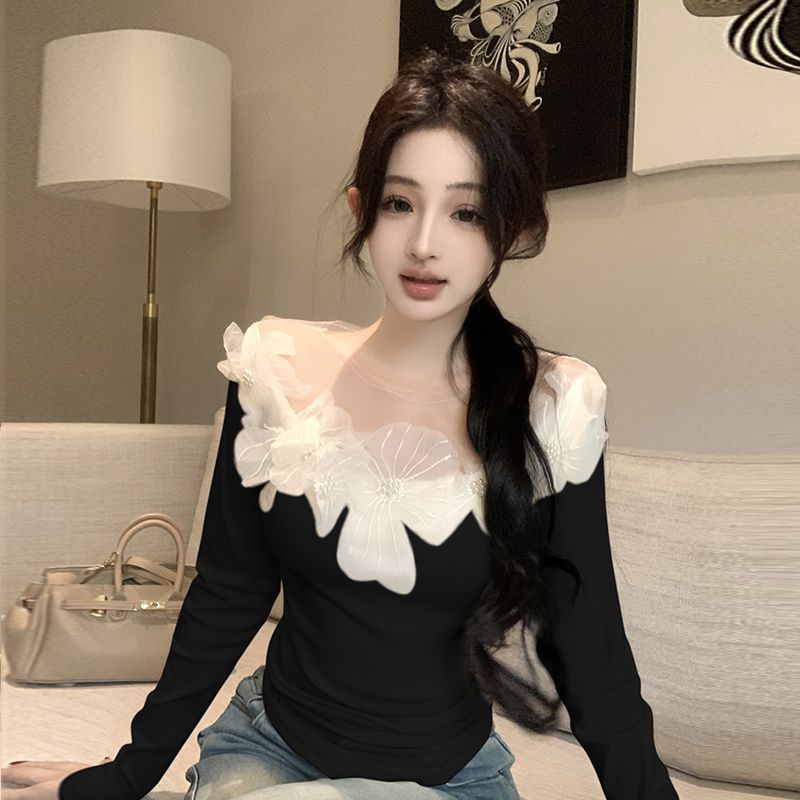 Womens Lace Fashionable Slim-Fit Floral T-Shirt