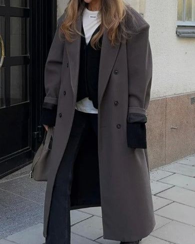 Long Wool Coat With A Business Suit-style Collar For Commuting