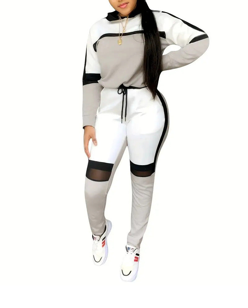 Womens New FallWinter Hooded Outerwear Set With Geometric Patchwork Design