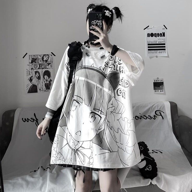 Japanese Anime Print Loose White Short Sleeve Top