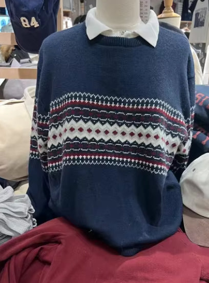 Round Neck Jacquard Diamond Plaid Long Sleeve Pullover Sweater