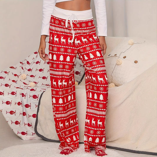 High-waisted Lace-up Pants With Elk And Christmas Tree Print