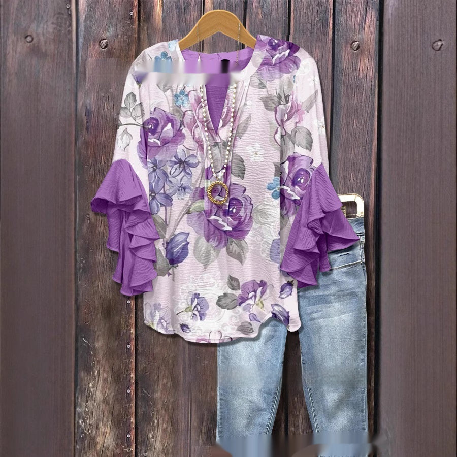 Women's Creative Printing Casual V-neck Lotus Sleeve T-shirt