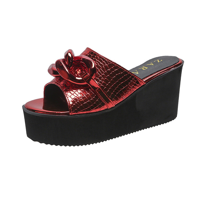 Women's Platform Platform Sandals And Slippers With Wedge Heel And Golden Chain