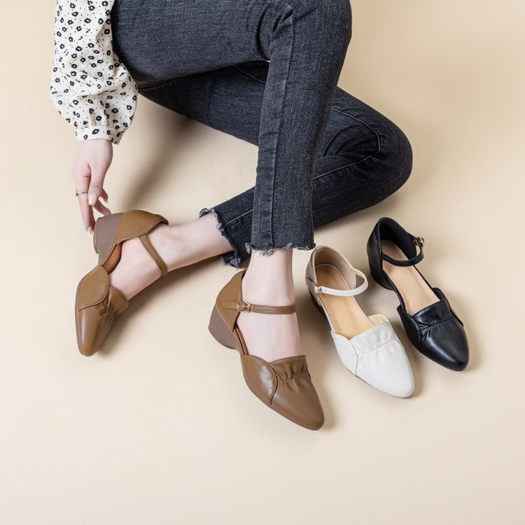 New Women's Closed Toe Sandals, Mid Heel Summer French Pointed Toe Vintage Soft Leather Shoes For Mother