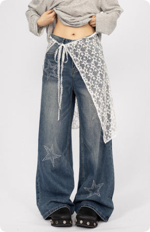 American Retro Hot Girl Lace Patchwork Jeans For Women