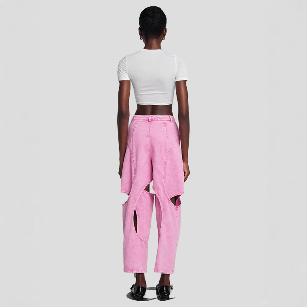 Women's American-style High Street Stitching Hole Worn Jeans