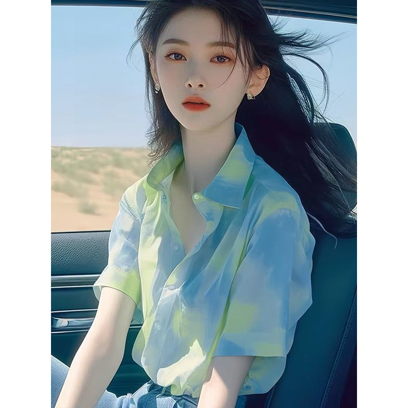 Green Tie-dyed Short-sleeved Shirt Summer Loose High-end