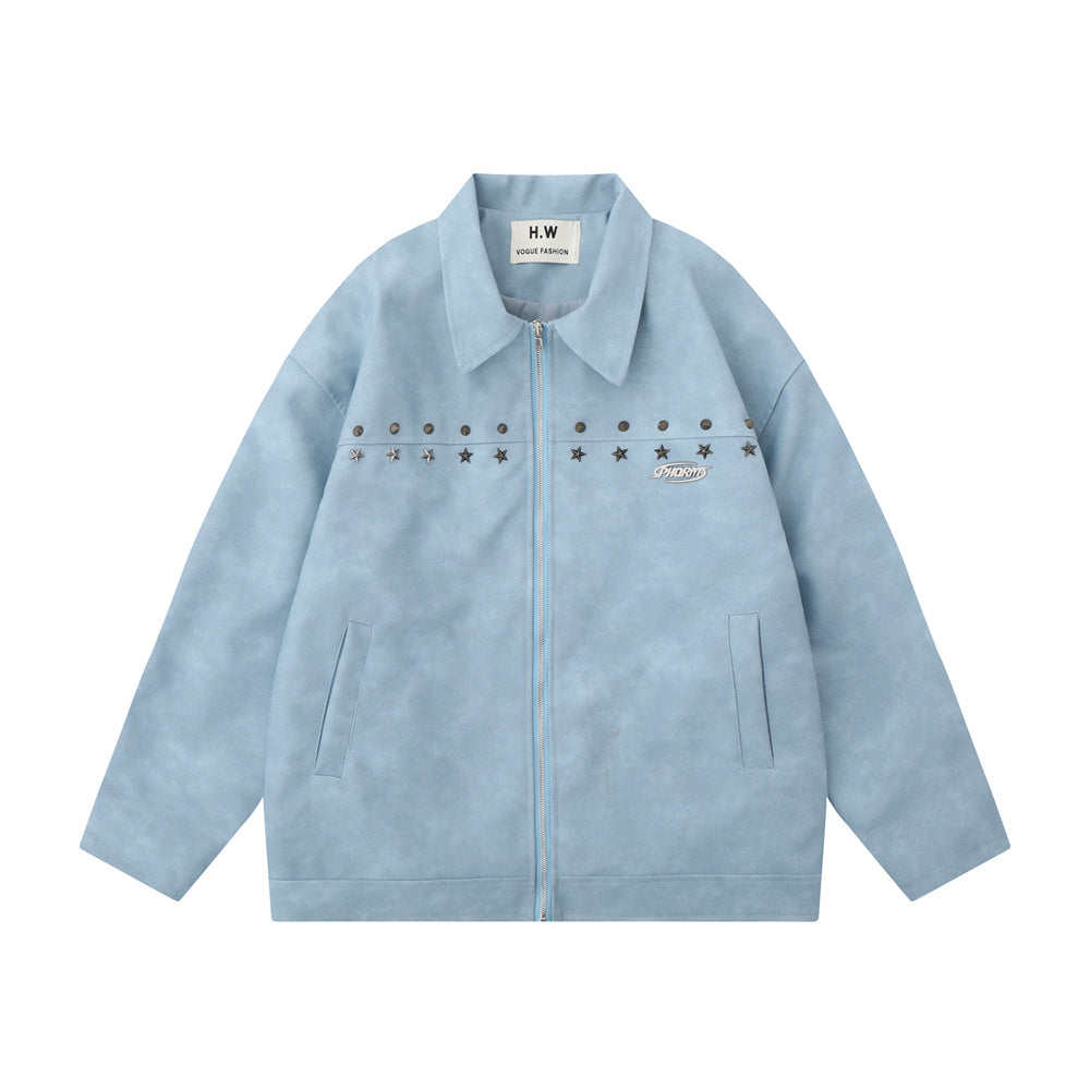 Retro Design Metal Decorative Loose Lapels PU Leather Jacket