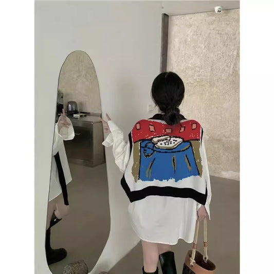Korean Style Long Sleeve Shirt Cartoon Shawl Sweater Two-piece Vest Set