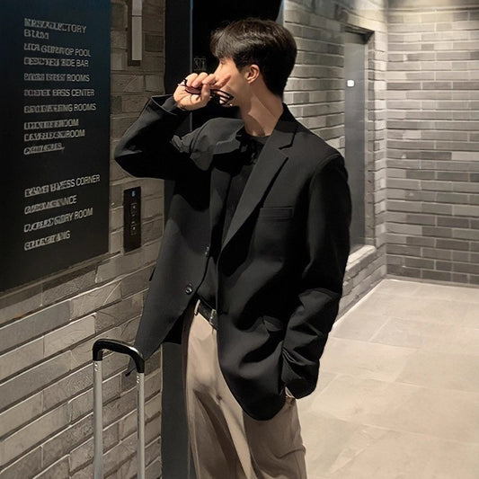 Men's Autumn Loose-Fit Black Single-Breasted Suit Jacket